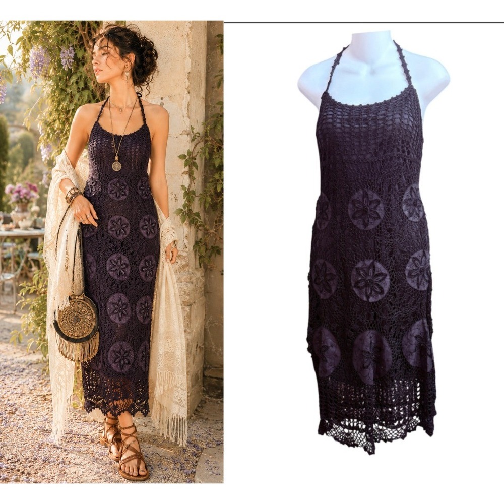 Vintage Lillie Rubin Crochet Halter Dress Floral Medallion Boho Sz 12 Festival